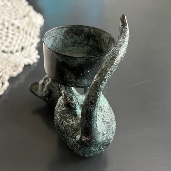 Vintage Cat Candle Holder Bronze Verdigris Green Figurine - Picture 5 of 10